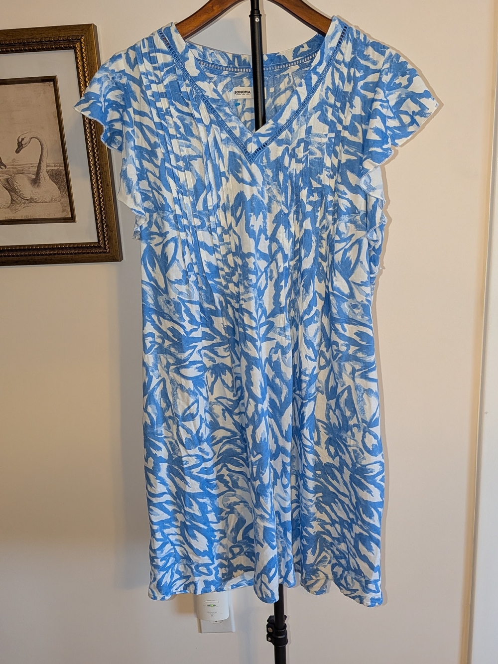 Sonoma Blue & White Floral V‑Neck Mini Dress with Flutter Sleeves